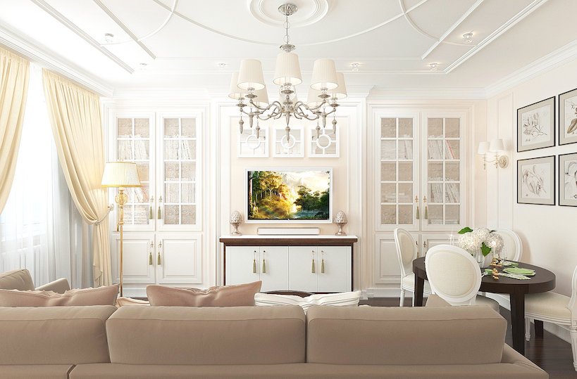 Дизайн гостиной-кухни трехкомнатной квартиры в ЖК "Крылов"